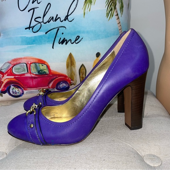 Coach Desaree Leather Ultra Violet Purple Round Toe Dogleash Pumps Heel Size 10B - Picture 2 of 13